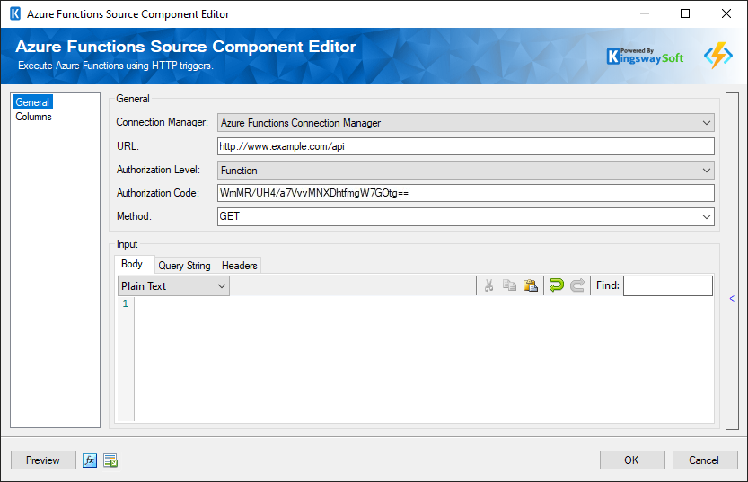 SSIS Azure Functions Source Component Editor - General